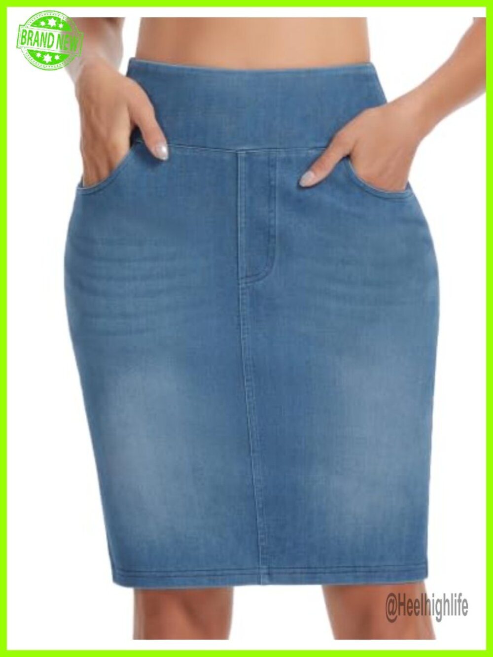 High Waist Stretchy Denim Pencil Skirt Knee Length Back Slit